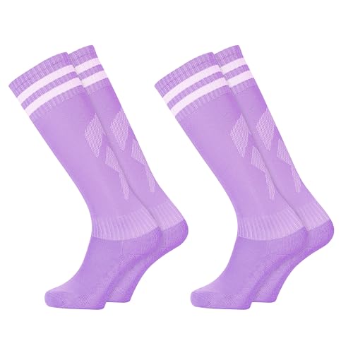 GRPSKCOS Fußball Socken Kinder, 2 Paar Fußball Stutzen Kinder Sport Jungen Mädchen Fussball Socken Kniestrümpfe Kleinkind Streifen Schule Uniform Strümpfe（#5 Lila，6-12 Jahre von GRPSKCOS