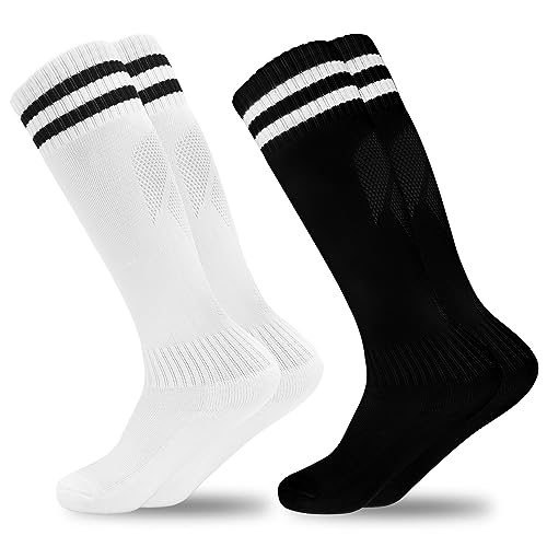 GRPSKCOS Fußball Socken Kinder, 2 Paar Fußball Stutzen Kinder Sport Jungen Mädchen Fussball Socken Kniestrümpfe Kleinkind Streifen Schule Uniform Strümpfe（#1 Weiß Schwarz & Schwarz Weiß，3-6 Jahre von GRPSKCOS