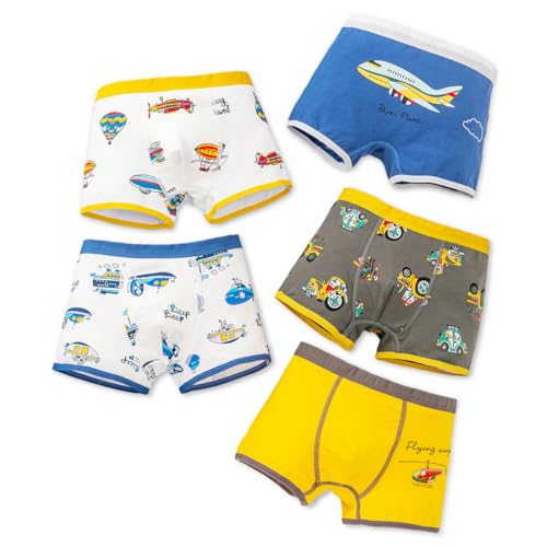 GRPSKCOS Kinder Jungen Boxershorts- Dinosaurier Muster Unterhosen 5er Pack Bedruckt Stretch Baumwolle, 2-8 Jahre(03 Flugzeug,6-8 Jahre) von GRPSKCOS