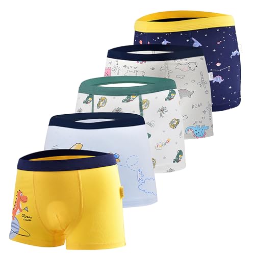 GRPSKCOS Kinder Jungen Boxershorts- Dinosaurier Muster Unterhosen 5er Pack Bedruckt Stretch Baumwolle, 2-8 Jahre(05 Saurier+Auto,4-6 Jahre) von GRPSKCOS