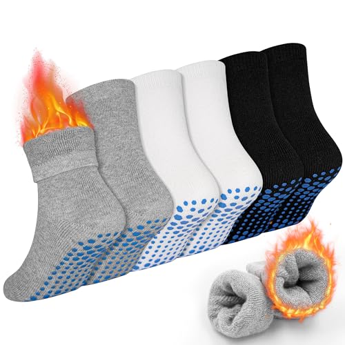 GRPSKCOS Kleinkind dicke Socken, 6 Paar rutschfeste Anti-Rutsch-Crew Wintersocken mit Griffen für Kinder Jungen 1-7 Jahre(02 Schwarz+weiß+hellgrau, 3-5 Jahre) von GRPSKCOS