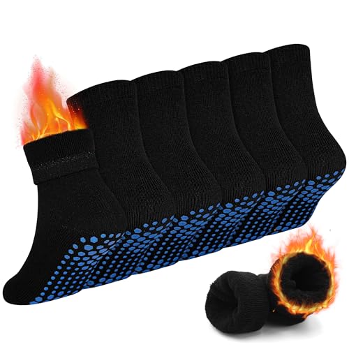 GRPSKCOS Kleinkind dicke Socken, 6 Paar rutschfeste Anti-Rutsch-Crew Wintersocken mit Griffen für Kinder Jungen 1-7 Jahre(03 Schwarz,5-7 Jahre) von GRPSKCOS