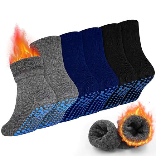 GRPSKCOS Kleinkind dicke Socken, 6 Paar rutschfeste Anti-Rutsch-Crew Wintersocken mit Griffen für Kinder Jungen 1-7 Jahre(04 Schwarz+Marine-blau+Dunkelgrau,5-7 Jahre) von GRPSKCOS