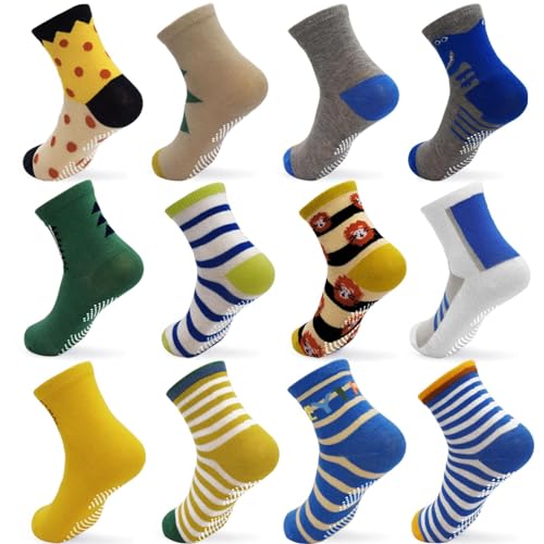 GRPSKCOS Rutschfeste Socken Kinder- 12 Paar Antirutschsocken Stoppersocken Kleinkind ABS Socken für Jungen Mädchen（#3 Krokodil-Stil 5-7 Jahre） von GRPSKCOS
