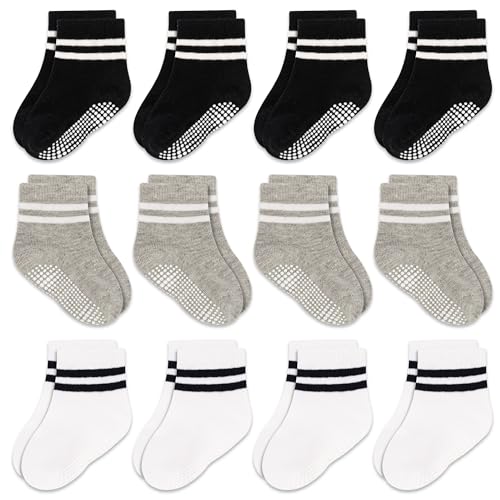 GRPSKCOS Rutschsocken Socken Kinder 12 Paar Stoppersocken Baby ABS Socken Kinder Antirutschsocken für 0-7 Jahre Jungen Mädchen（#2 Schwarz+Weiß+Hellgrau 6-12 Monate） von GRPSKCOS