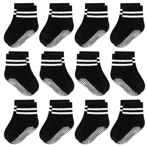 GRPSKCOS Rutschsocken Socken Kinder 12 Paar Stoppersocken Baby ABS Socken Kinder Antirutschsocken für 0-7 Jahre Jungen Mädchen（#3 Schwarz 1-3 Jahre） von GRPSKCOS