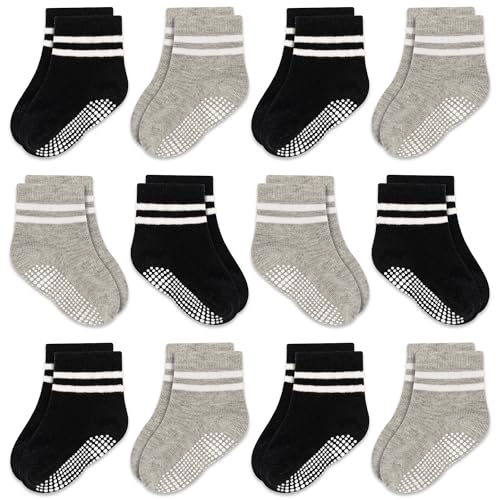 GRPSKCOS Rutschsocken Socken Kinder 12 Paar Stoppersocken Baby ABS Socken Kinder Antirutschsocken für 0-7 Jahre Jungen Mädchen（#4 Schwarz+Hellgrau 6-12 Monate） von GRPSKCOS