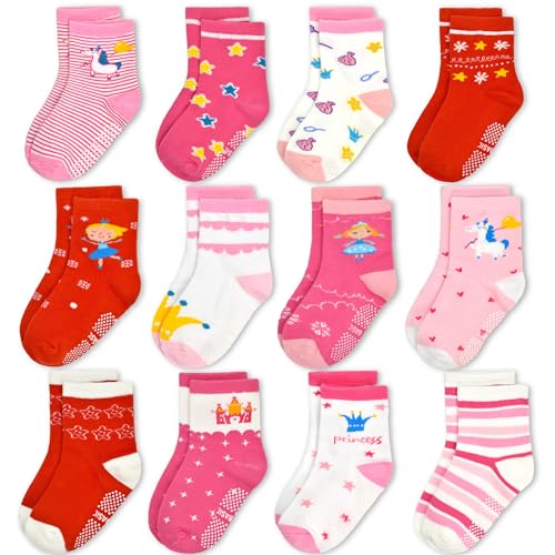 GRPSKCOS Stoppersocken Kinder 12 Paar Antirutschsocken Mädchen ABS Socken Rutschfeste Socken für Mädchen（#1 Niedliche Krone 6-12 Monate） von GRPSKCOS
