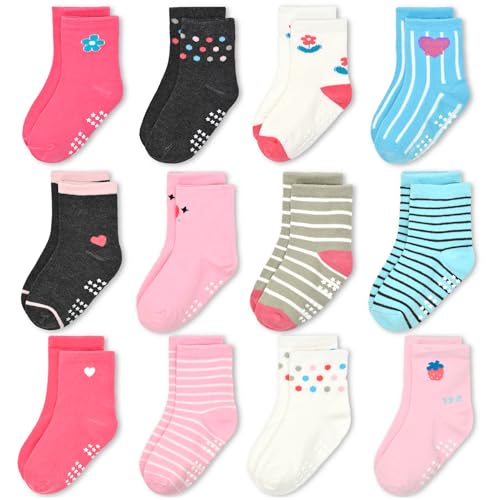 GRPSKCOS Stoppersocken Kinder 12 Paar Antirutschsocken Mädchen ABS Socken Rutschfeste Socken für Mädchen（#2 Rosa Erdbeere 6-12 Monate） von GRPSKCOS