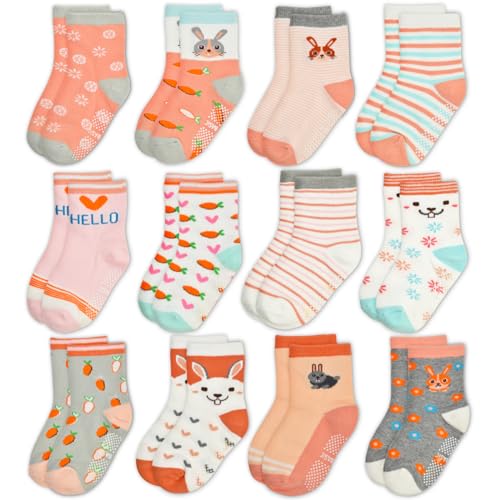 GRPSKCOS Stoppersocken Kinder 12 Paar Antirutschsocken Mädchen ABS Socken Rutschfeste Socken für Mädchen（#3 Karotte Hase 5-7 Jahre） von GRPSKCOS