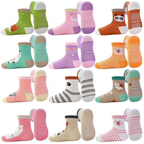 GRPSKCOS Stoppersocken Kinder 12 Paar Antirutschsocken Mädchen ABS Socken Rutschfeste Socken für Mädchen（#4 Panda 3-5 Jahre） von GRPSKCOS