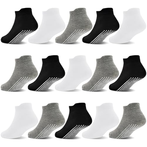 GRPSKCOS Stoppersocken Kinder 15 Paar ABS Knöchelsocken Rutschsocken Socken Kinder Antirutsch Socken für Kleinkinder Jungen Mädchen（#1 Schwar + Weiß + Hellgrün, 1-3 Jahre） von GRPSKCOS