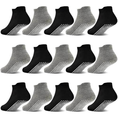 GRPSKCOS Stoppersocken Kinder 15 Paar ABS Knöchelsocken Rutschsocken Socken Kinder Antirutsch Socken für Kleinkinder Jungen Mädchen（#2 Schwar + Hellgrün, 1-3 Jahre） von GRPSKCOS