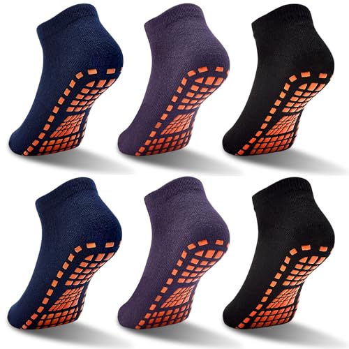GRPSKCOS Stoppersocken Kinder Yoga Trampolin Socken Rutschfestesocken Kinder 6 Paar Innenbereich ABS Socken für Jungen Mädchen (03 Schwarz*2+Navy*2+Dunkelviolett*2, 10-13 Jahre) von GRPSKCOS