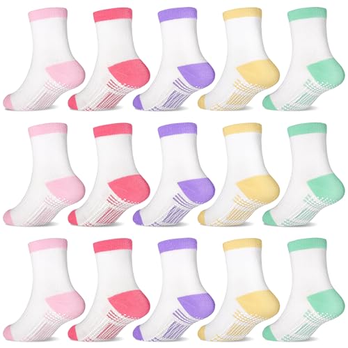 GRPSKCOS Stoppersocken Mädchen 15 Paar Rutschsocken Baby ABS Socken Kinder Antirutschsocken für 0-7 Jahre Mädchen（#1 Weiße Serie 5-7 Jahre） von GRPSKCOS