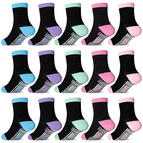 GRPSKCOS Stoppersocken Mädchen 15 Paar Rutschsocken Baby ABS Socken Kinder Antirutschsocken für 0-7 Jahre Mädchen（#2 Schwarze Serie 3-5 Jahre） von GRPSKCOS