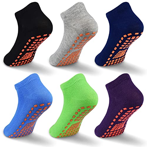 GRPSKCOS Stoppersocken Kinder Yoga Trampolin Socken Rutschfestesocken Kinder 6 Paar Innenbereich ABS Socken für Jungen Mädchen (01 Schwarz+Grau+Navy+Blau+Grün+Dunkelviolett, 2-5 Jahre) von GRPSKCOS