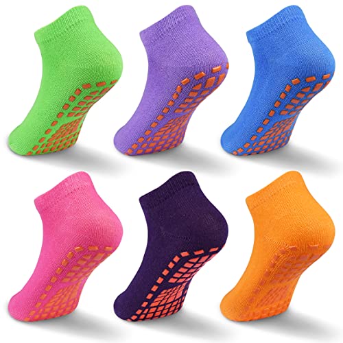 GRPSKCOS Stoppersocken Kinder Yoga Trampolin Socken Rutschfestesocken Kinder 6 Paar Innenbereich ABS Socken für Jungen Mädchen (04 Rosarot+Orange+Blau+Grün+Dunkelviolett+Lila, 2-5 Jahre) von GRPSKCOS