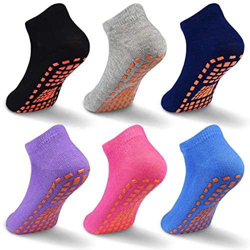 GRPSKCOS Stoppersocken Kinder Yoga Trampolin Socken Rutschfestesocken Kinder 6 Paar Innenbereich ABS Socken für Jungen Mädchen (05 Schwarz+Grau+Navy+Lila+Rosarot+Blau, 2-5 Jahre) von GRPSKCOS