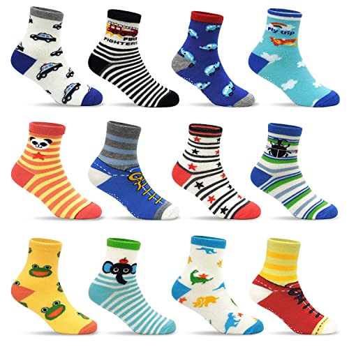 Rutschfeste Socken für Kleinkinder 12 Paar Cartoon Rutschfest Klebrig Niedliche Söckchen für Kinder Jungen Mädchen Grips Crew Socken für 1–7 Jahre Kinder(#2 Cartoon-Stil (12 Paare), 1-3Jahre) von GRPSKCOS