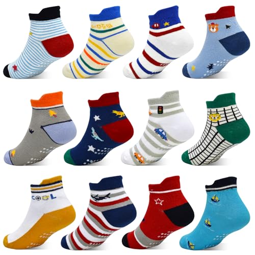 GRPSKCOS Stoppersocken Kinder 12 Paar ABS Socken Rutschfeste Socken Kleinkind Antirutschsocken für 5-7 Jahre Jungen Mädchen(#2 Karierter Tiger-Stil 5-7 Jahre) von GRPSKCOS
