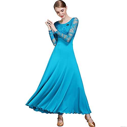 GRTE Moderner Tanzrock Erwachsene Spitze Lange Ärmel Ballroom Tanzkleid,Peacock Blue,M von GRTE