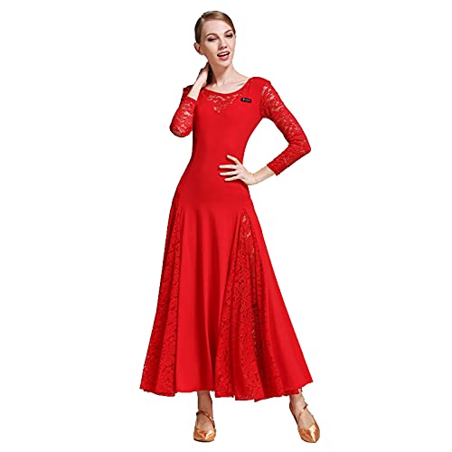 Spitzenkleid Walzer Tanzrock Kleid Modern Tanzkleid National Standard Kleid Ballsaal Rock,Rot,S von GRTE