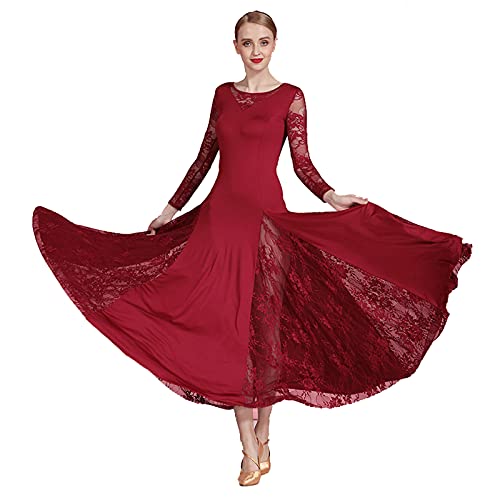 Spitzenkleid Walzer Tanzrock Kleid Modern Tanzkleid National Standard Kleid Ballsaal Rock,Wine red,M von GRTE