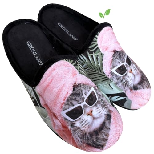 GRUNLAND Hausschuhe Damen Katzen Beauty Routine warme Hausschuhe Komfort weiche Einlegesohle Geschenkidee vegan, Multi Katze schwarz, 38 EU von GRÜNLAND il benessere è naturale