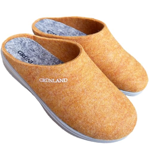 GRUNLAND Hausschuhe Winterschuhe Damen Hausschuhe Basic Kuscheltier aus echtem Wollfilz warme Filzsohle, Grau Gelb, 40 EU von GRÜNLAND il benessere è naturale