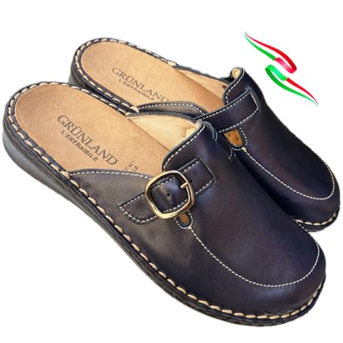 GRUNLAND Komfort-Hausschuhe für Damen, bequem, aus Leder, verstellbar, herausnehmbares Fußbett, verstellbare Schnalle, hergestellt in Italien, P Blau, 39 EU von GRÜNLAND il benessere è naturale