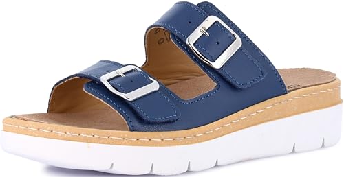 GRÜNLAND Damen MOLL Komfort-Sandalen mit doppelt Verstellbarer Schnalle, herausnehmbarer Drysoft-Leder-Innensohle, geformter Sohle und 4 cm Keilabsatz, Jeans, 35 EU von GRÜNLAND