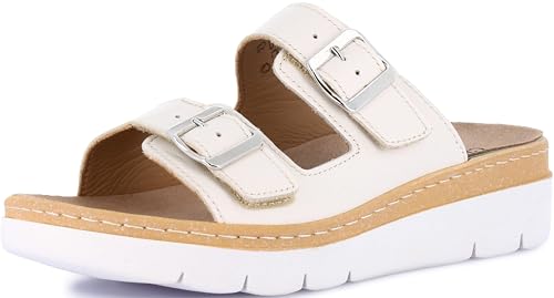 GRÜNLAND Damen MOLL Komfort-Sandalen mit doppelt Verstellbarer Schnalle, herausnehmbarer Drysoft-Leder-Innensohle, geformter Sohle und 4 cm Keilabsatz, Latte, 41 EU von GRÜNLAND