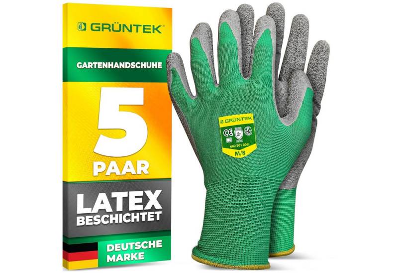 GRÜNTEK Gartenhandschuhe Schutzhandschuhe 5 Paar aus Polyesterfaser mit Latexbeschichtung (Set, 10-St., 5 Paar M/8) geeignet für den privaten und gewerblichen Gebrauch von GRÜNTEK