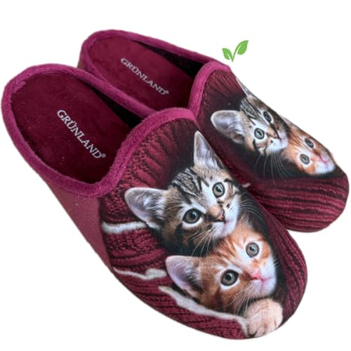 GRUNLAND Beauty Cats Hausschuhe für Damen, warm, bequem, weiche Einlegesohle, Geschenkidee, vegan, Bordoux-Katzen, 38 EU von GRÜNLAND il benessere è naturale