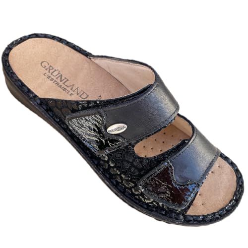 GRUNLAND Comfort Damen-Hausschuhe aus Leder, verstellbar, mit Klettverschluss und herausnehmbarem Fußbett, hergestellt in Italien, Schwarz , 41 EU von GRÜNLAND il benessere è naturale