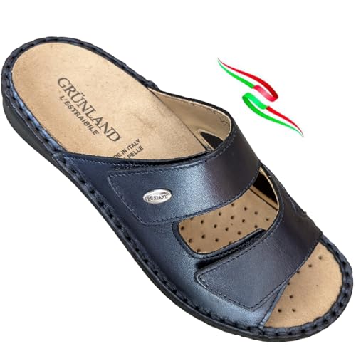 GRUNLAND Komfort-Hausschuhe für Damen aus Leder und Stretcheinsatz für Hallux Valgus und zwei Klettverschlüsse - herausnehmbares Fußbett, Blau Elastic Zone, 38 EU GRUNLAND Komfort-Hausschuhe für Damen aus Leder und Stretcheinsatz für Hallux Valgus und zwei Klettverschlüsse - herausnehmbares Fußbett, Blau Elastic Zone, 38 EU von GRUNLAND