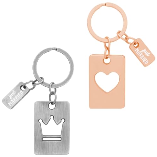 GRUSS & CO Angängerset Just married | Geschenkset mit zwei Schlüsselanhängern, Länge 6,3 cm, Krone und Herz, Metall | Geschenk für Paare, Hochzeitsgeschenk | 74682 von GRUSS & CO