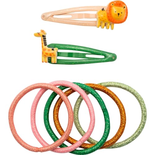 GRUSS & CO Haarschmuck-Set Motiv "Dschungel" | Geschenkset mit 2 Glitzer-Haarspangen und 5 Haargummis | Geschenk Kindergeburtstag, Schultüte, Mädchen | 70119 von GRUSS & CO