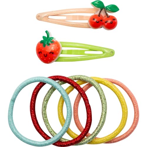 GRUSS & CO Haarschmuck-Set Motiv "Obst" | Geschenkset mit 2 Glitzer-Haarspangen und 5 Haargummis | Geschenk Kindergeburtstag, Schultüte, Mädchen | 70107 von GRUSS & CO