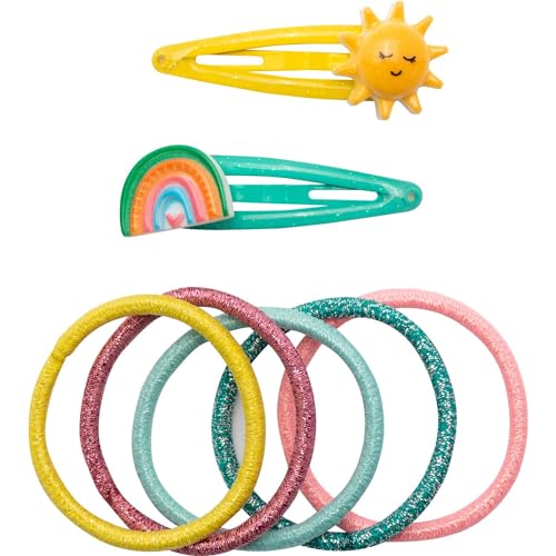 GRUSS & CO Haarschmuck-Set Motiv "Regenbogen" | Geschenkset mit 2 Glitzer-Haarspangen und 5 Haargummis | Geschenk Kindergeburtstag, Schultüte, Mädchen | 70116 von GRUSS & CO