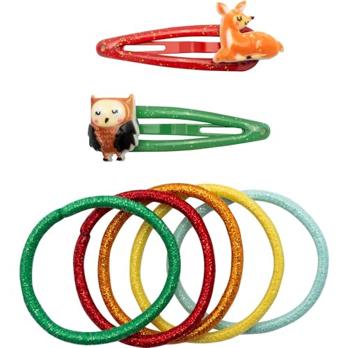 GRUSS & CO Haarschmuck-Set Motiv "Wald" | Geschenkset mit 2 Glitzer-Haarspangen und 5 Haargummis | Geschenk Kindergeburtstag, Schultüte, Mädchen | 70122 von GRUSS & CO