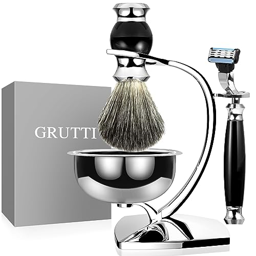GRUTTI Premium Rasierpinselset - mit Rasierhobel Ständer und Rasierschale und Rasierpinsel Dachshaar Imitat für Seifenschale und Rasiermesser-Geschenk-Rasiersets, Nassrasierer Herren - (Mach 3) von GRUTTI