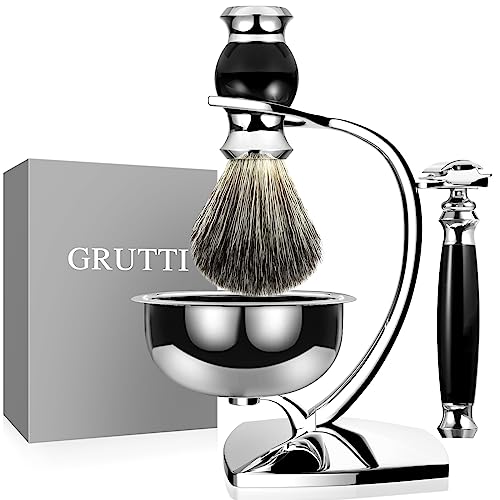 GRUTTI Rasierpinsel Set für Männer, Manuelle Rasierkit mit Rasierhobel Ständer und Rasierschale und Rasierpinsel Dachshaar Imitat und Rasierhobel (Klinge Nicht Enthalten),Luxuriös Herren Geschenk Set von GRUTTI