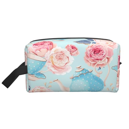 Make-up-Tasche, Blumen, Rosen, Vintage-Teekanne, Tassen, Reise-Kosmetiktasche, Kulturbeutel, tragbarer Make-up-Taschen-Organizer von GRatka