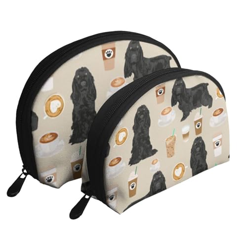 Make-up-Tasche, Reise-Kosmetiktasche, 2-teilig, tragbares Clutch-Beutel-Set, Beutel-Organizer, schwarzer Cocker Spaniel-Hund mit Kaffeesand von GRatka