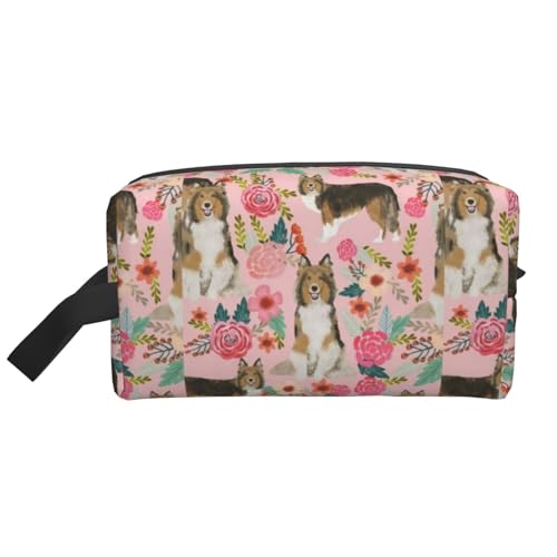 Make-up-Tasche, Sheltie-Blumenmuster, Shetland-Schäferhund, Sheltie-Hund, Design, Reise-Kosmetiktasche, Kulturbeutel, tragbarer Make-up-Taschen-Organizer von GRatka