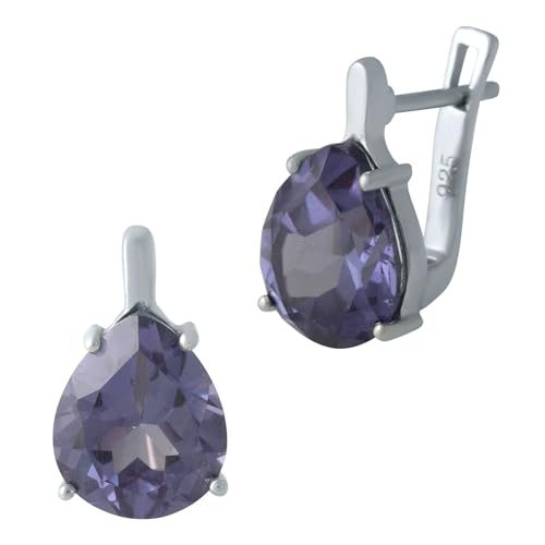 Huggie-Ohrring aus 925er-Sterlingsilber mit englischem Schloss über birnenförmigem, mehrfarbigem Alexandrit; Steingewicht [ct]: 9,5 ct, Gewicht 4,47 g. und rhodinierte Oberfläche von GS PROJEWELRY