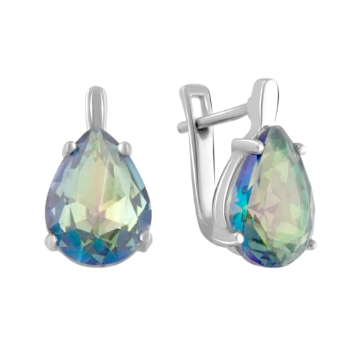 Huggie-Ohrring aus 925er-Sterlingsilber mit englischem Schloss über mehrfarbigem Mystic-Topas in Birnenform; Steingewicht [ct]: 3.8 ct, Gewicht 3,75 g. und rhodinierte Oberfläche von GS PROJEWELRY