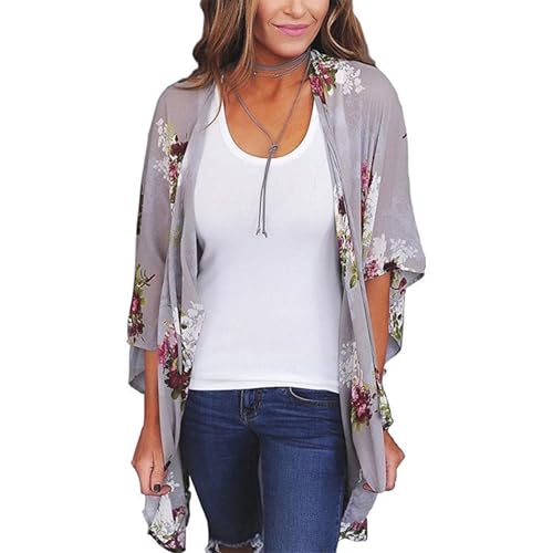 GSAEIMCT Damen-Kimono-Cardigan Aus Chiffon In Übergröße – Vintage-Blumendruck, 3/4-Ärmel, Überwurf, Schal, Lockere Sommerbluse, Lässiges Drapiertes Hemd, Böhmischer, Leichter Strandumhang, Grau, L GSAEIMCT Damen-Kimono-Cardigan Aus Chiffon In Übergröße – Vintage-Blumendruck, 3/4-Ärmel, Überwurf, Schal, Lockere Sommerbluse, Lässiges Drapiertes Hemd, Böhmischer, Leichter Strandumhang, Grau, L von GSAEIMCT